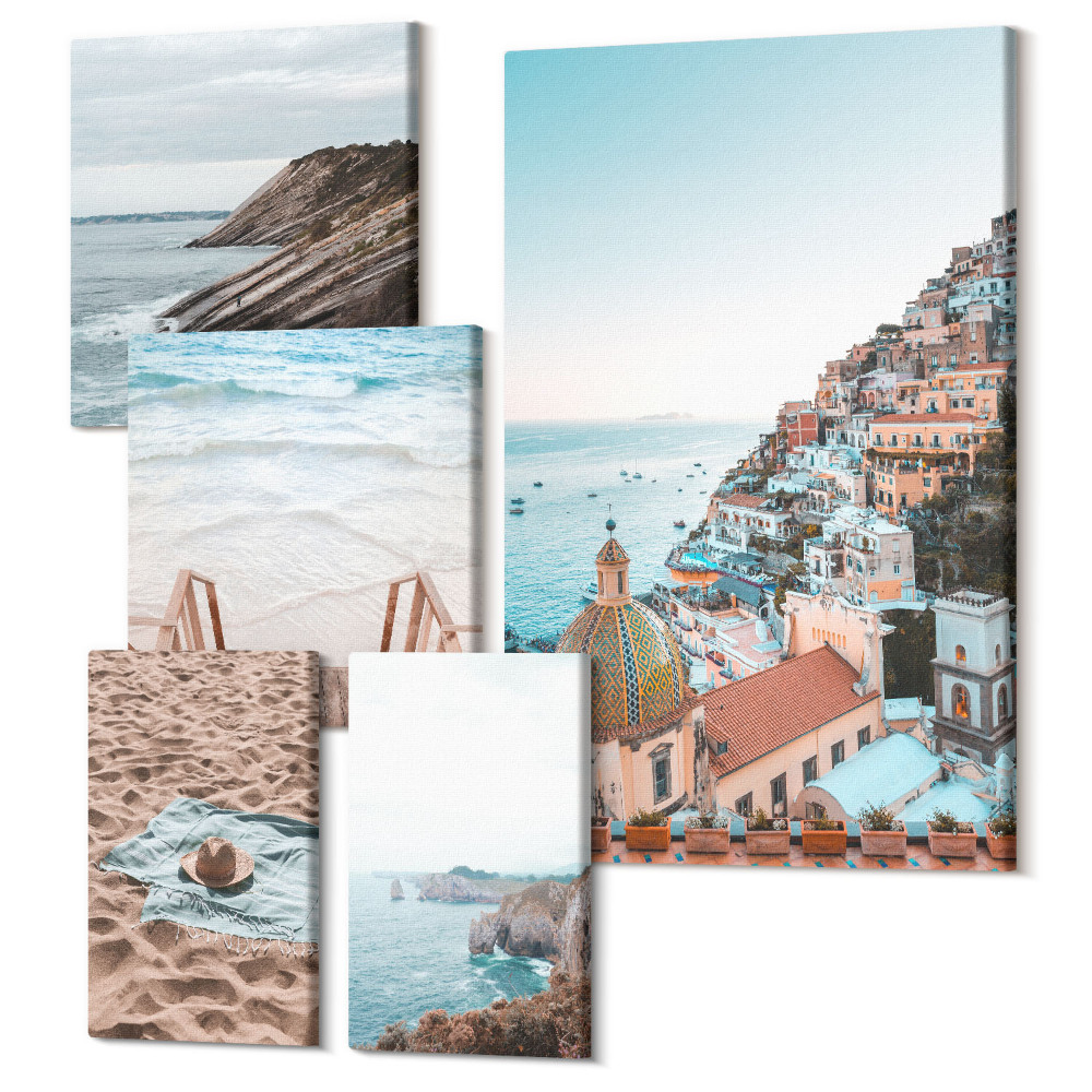 Zestaw obrazów pentaptyk na ścianę Włoskie miasteczka nadmorskie i relaksujące plaże