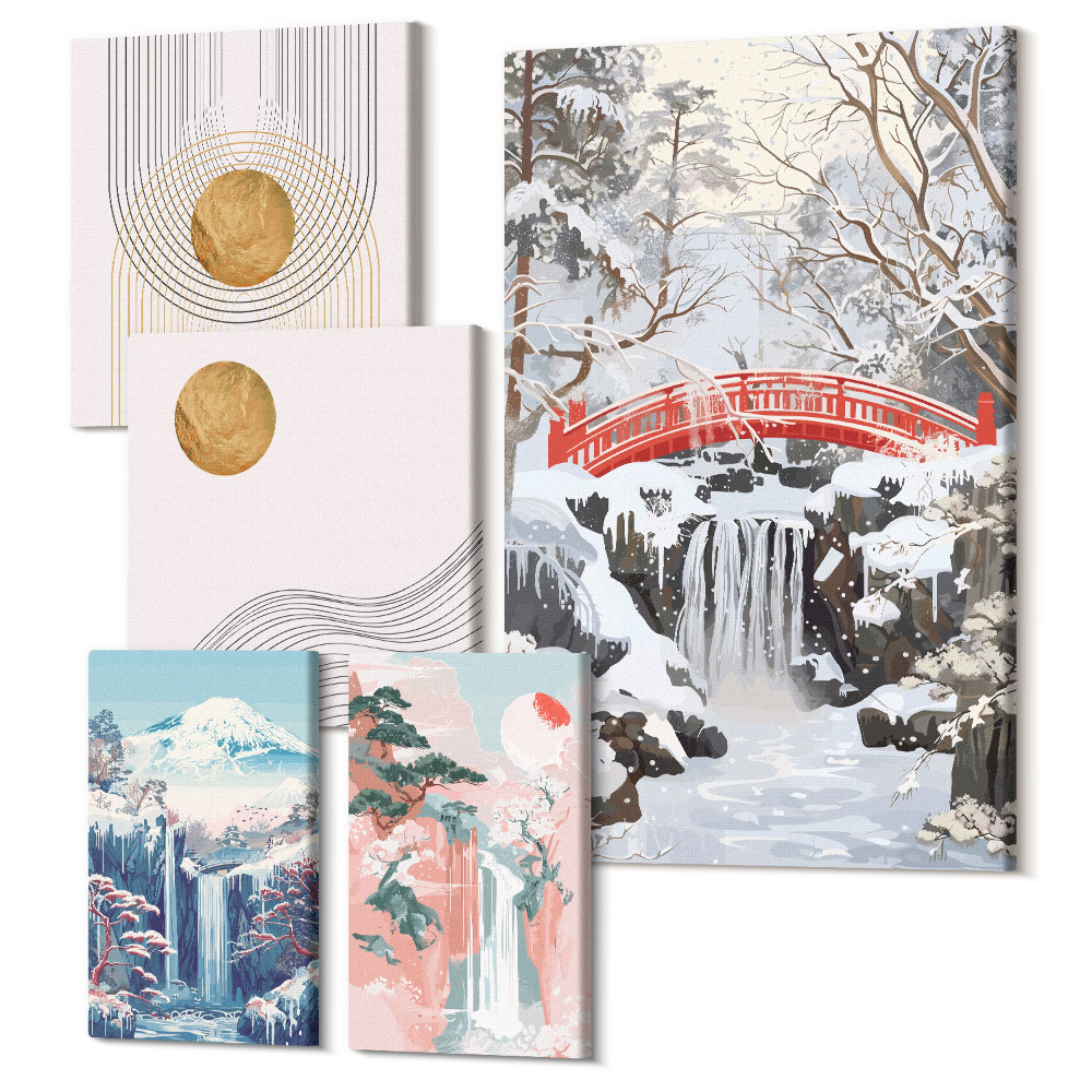 Zestaw obrazów 5 części pentaptyk Krajobrazy z wodospadami i mostami w stylu japońskim