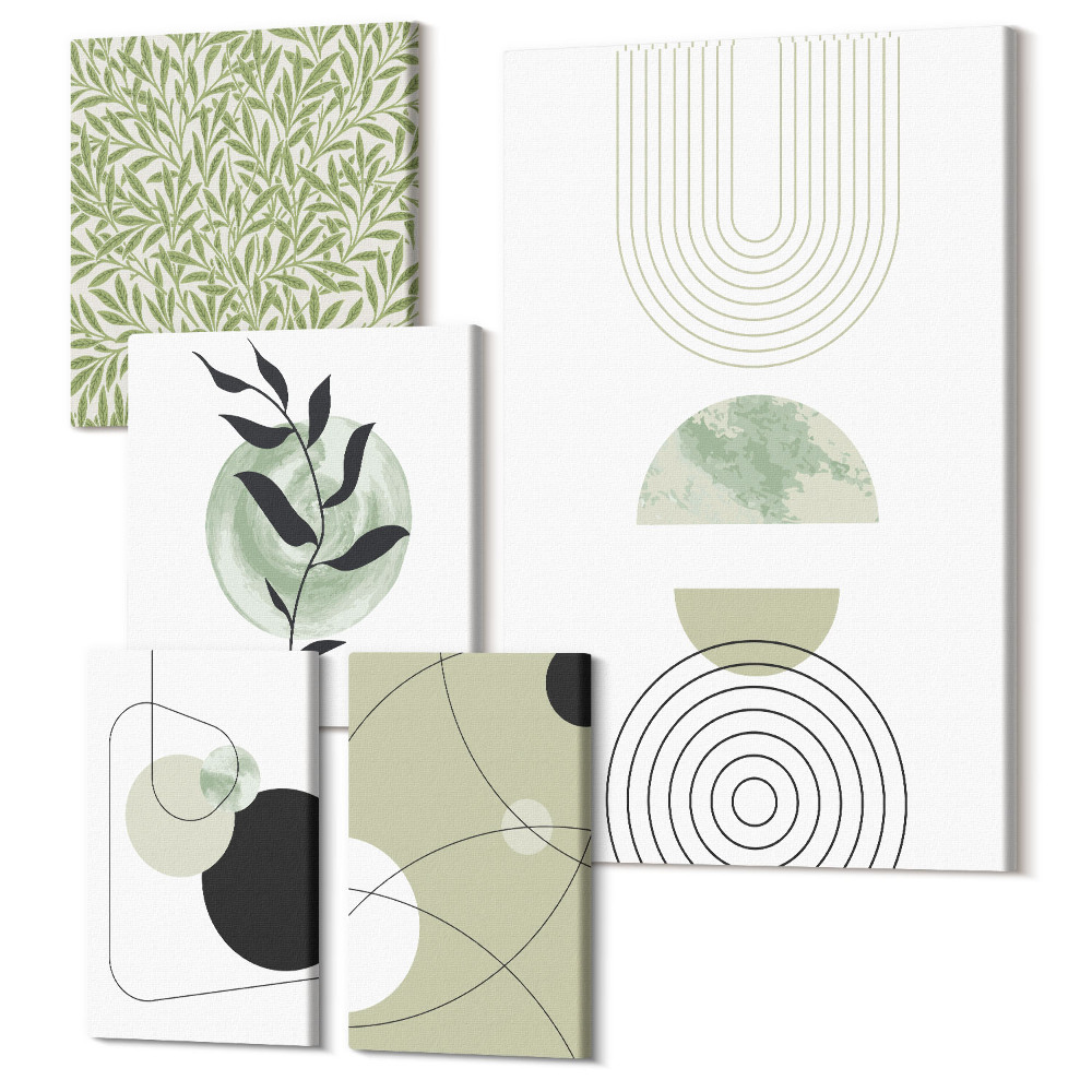 Zestaw obrazów pentaptyk na ścianę Abstrakcyjne kompozycje z geometrycznymi kształtami i roślinnością