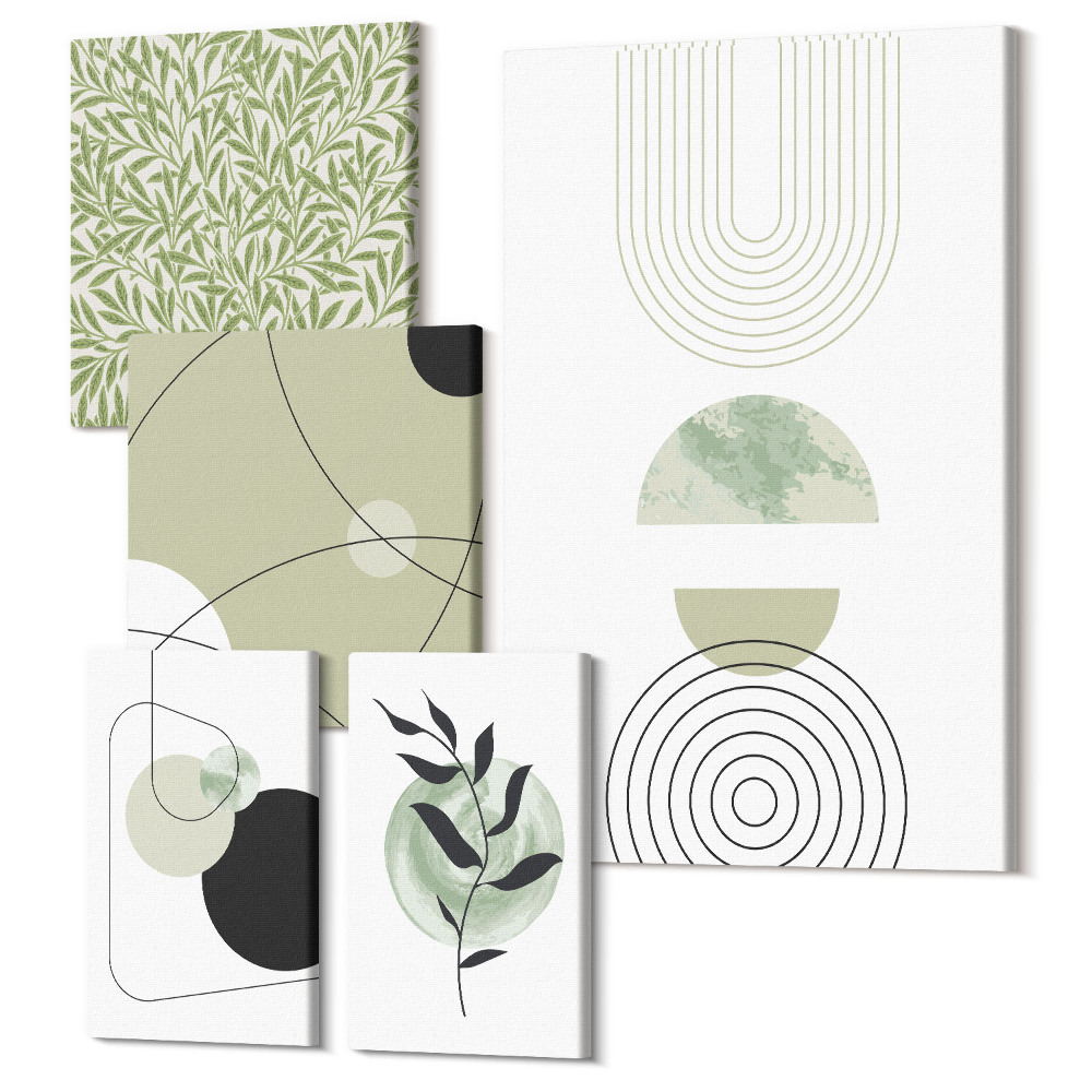 Zestaw obrazów 5 części pentaptyk Abstrakcyjne kompozycje z roślinnymi motywami i kształtami