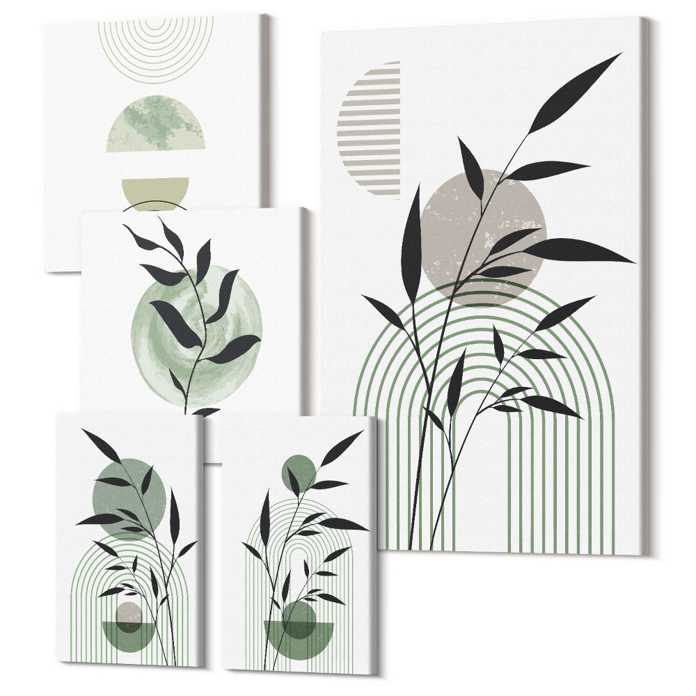 Zestaw obrazów na płótnie pentaptyk Stylowe grafiki z roślinnymi motywami i geometrycznymi kształtami