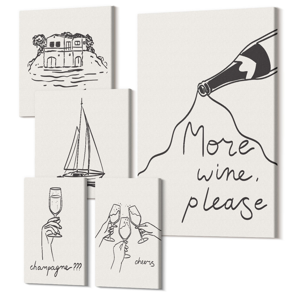 Zestaw obrazów pentaptyk na ścianę Stylowe grafiki z motywami wina i relaksu nad wodą