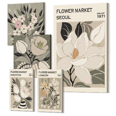 Zestaw obrazów 5 części pentaptyk Kwiatowe motywy z rynków w Londynie i Seulu