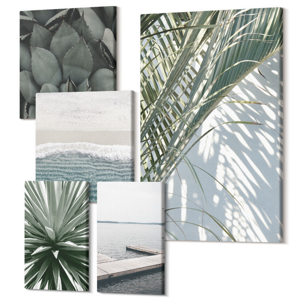 Zestaw obrazów 5 części pentaptyk Roślinne motywy tropikalne z widokami na morze