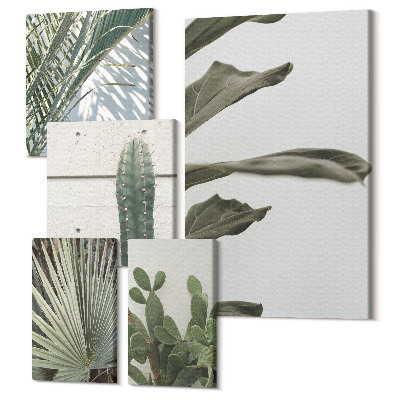 Zestaw obrazów na płótnie pentaptyk Roślinne akcenty w stylu nowoczesnym z zielonymi detalami