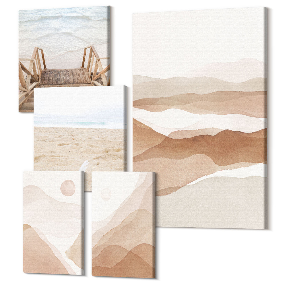 Zestaw obrazów 5 części pentaptyk Minimalistyczne krajobrazy plażowe i górskie w odcieniach natury