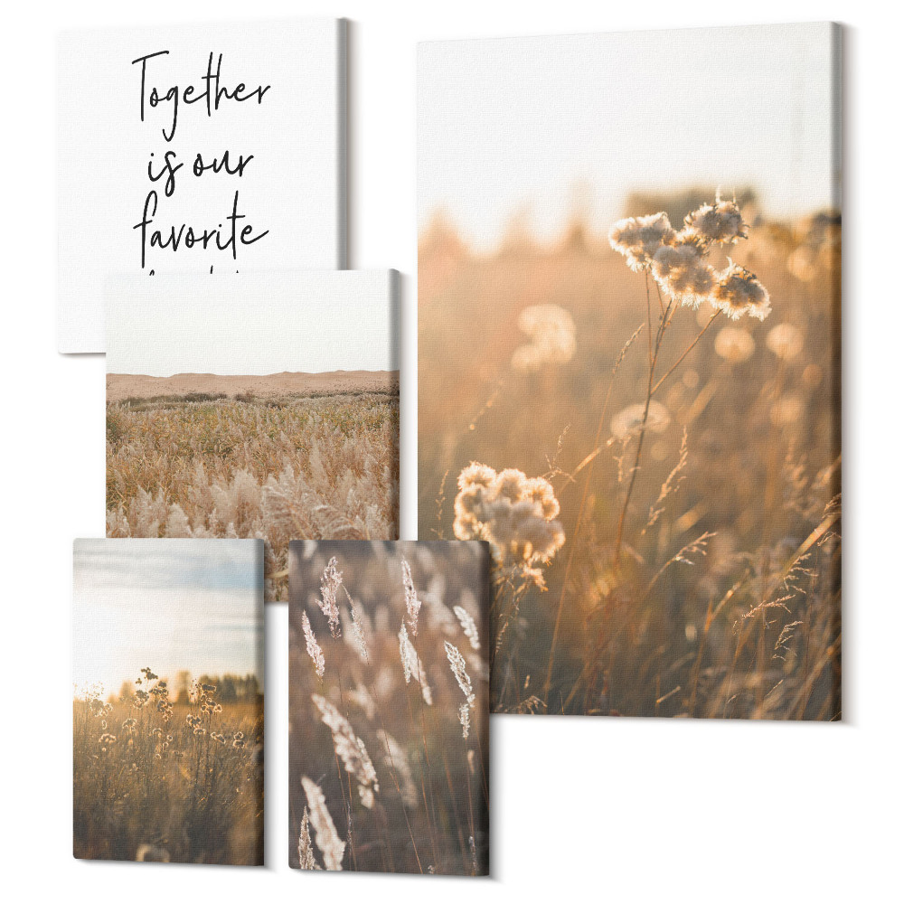 Zestaw obrazów pentaptyk na ścianę Naturalne pejzaże z kwiatami i inspirującymi sentencjami