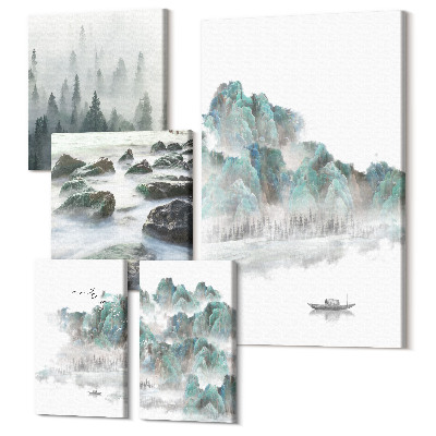 Zestaw obrazów na płótnie pentaptyk Spokojne pejzaże naturalne z wodą i roślinnością
