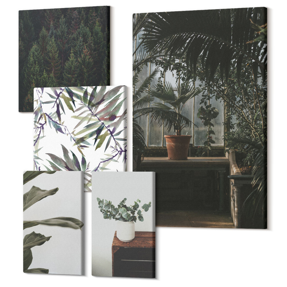 Zestaw obrazów na płótnie pentaptyk Zielona oaza roślinne motywy i naturalne akcenty