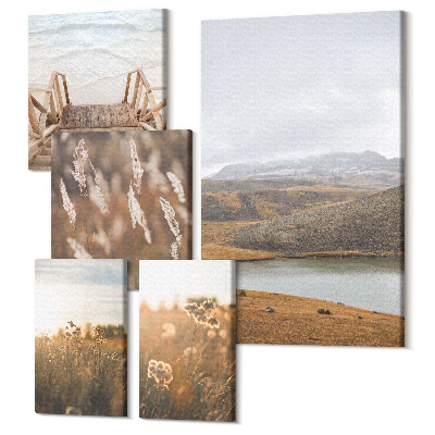 Zestaw obrazów na płótnie pentaptyk Naturalne krajobrazy z widokami na pola i jeziora