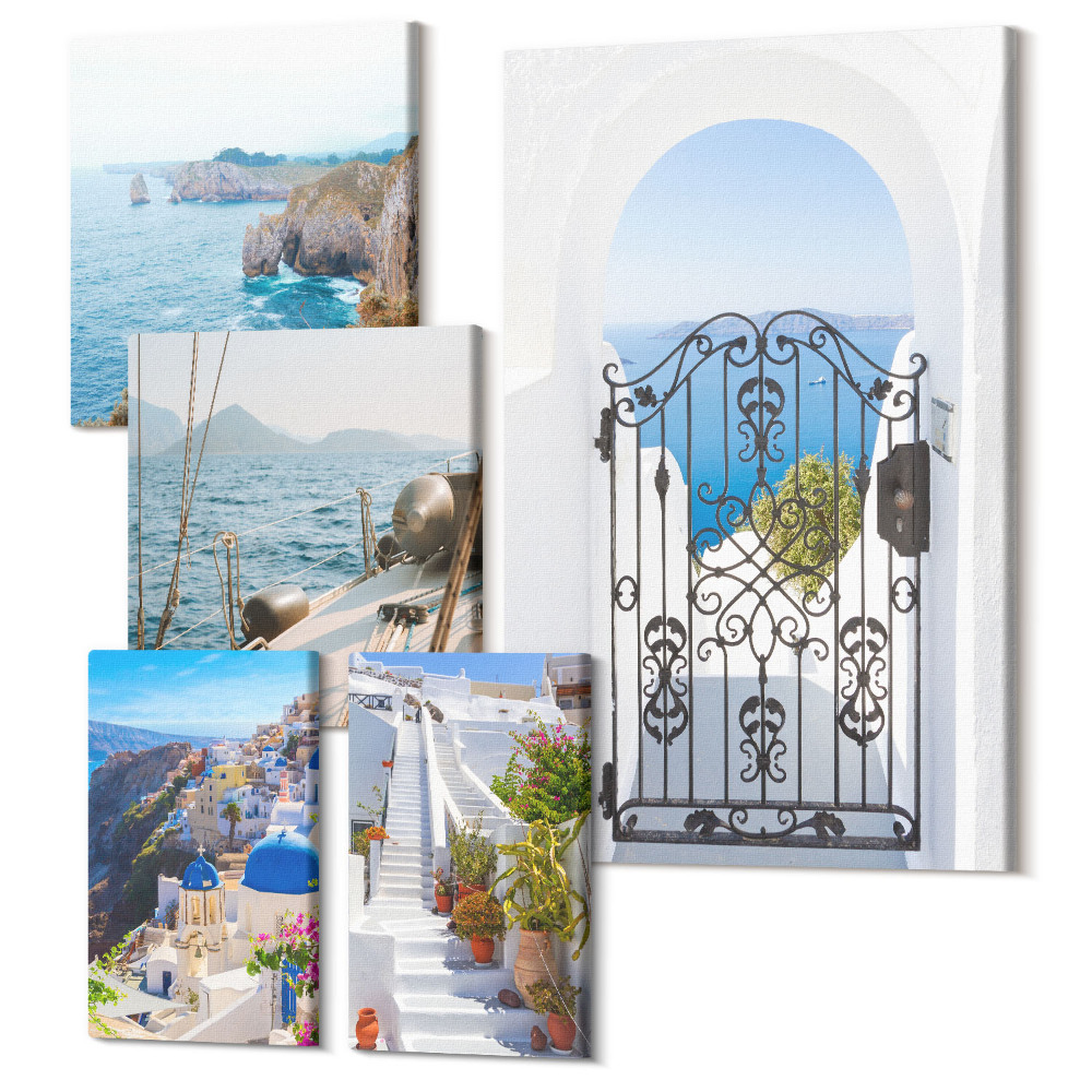 Zestaw obrazów 5 części pentaptyk Krajobrazy Grecji widoki na morze i architekturę