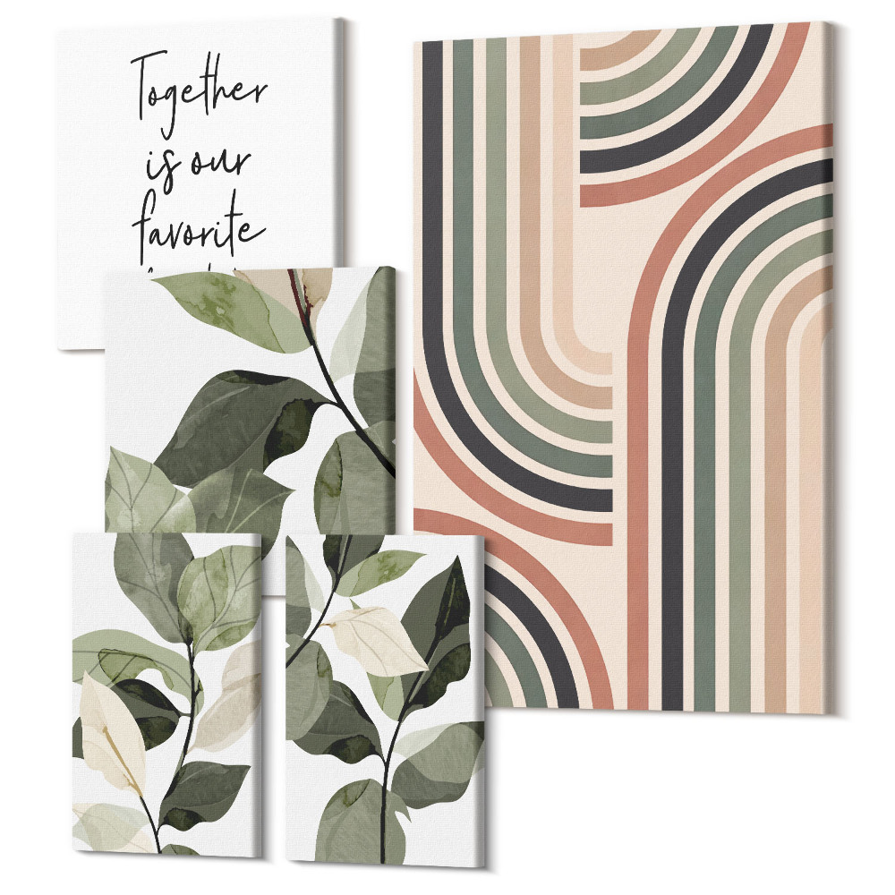 Zestaw obrazów pentaptyk na ścianę Stylowe akcenty roślinne z geometrycznymi wzorami