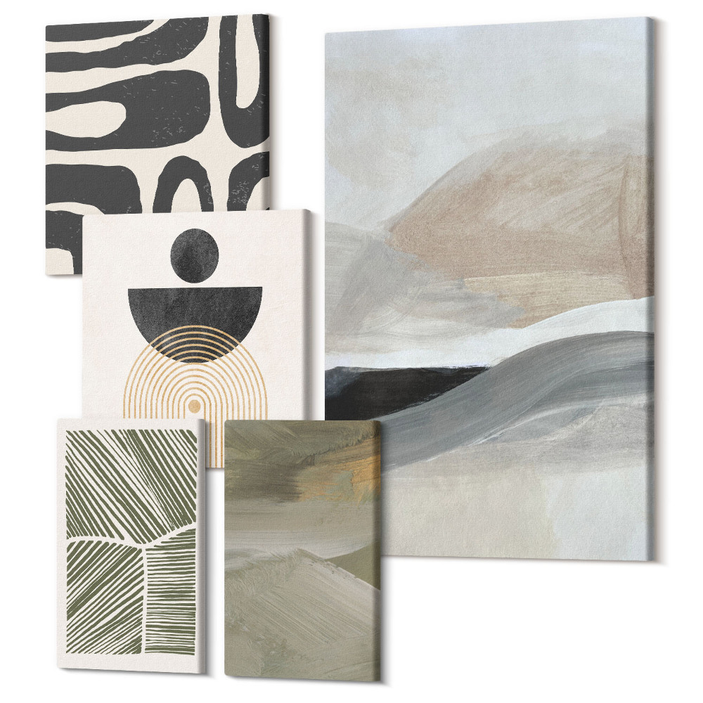 Zestaw obrazów 5 części pentaptyk Abstrakcyjne wzory i kształty w stonowanej kolorystyce