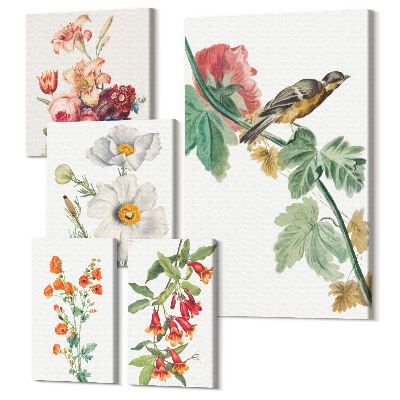 Zestaw obrazów na płótnie pentaptyk Kwiatowe motywy i ptaki w stylu vintage do dekoracji wnętrz