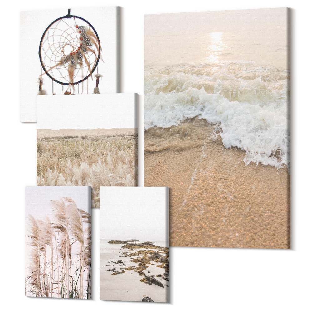 Zestaw obrazów na płótnie pentaptyk Naturalne pejzaże z motywami plażowymi i roślinnymi