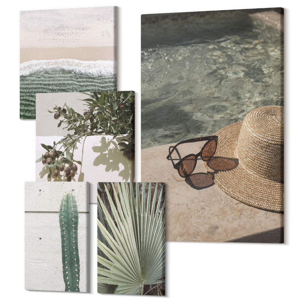 Zestaw obrazów 5 części pentaptyk Letnie akcenty z roślinnością i relaksem przy wodzie