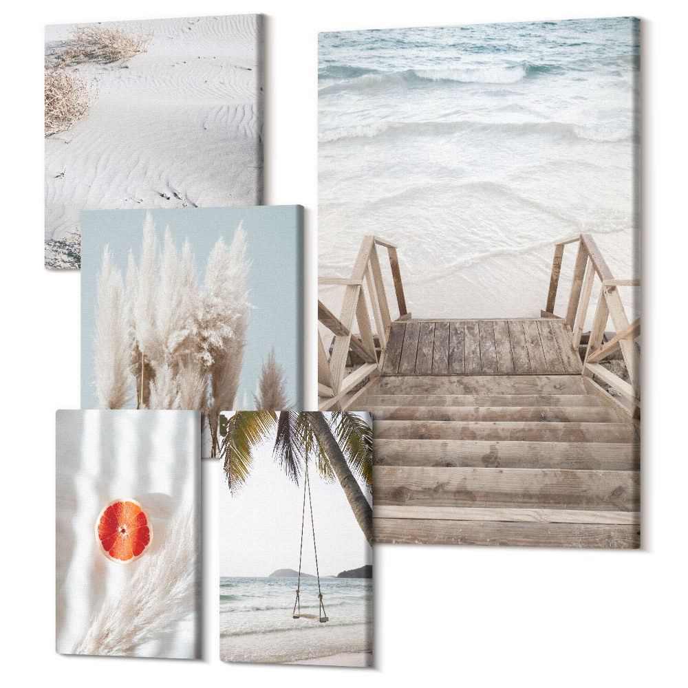 Zestaw obrazów na płótnie pentaptyk Plażowe inspiracje z widokami na morze i naturę