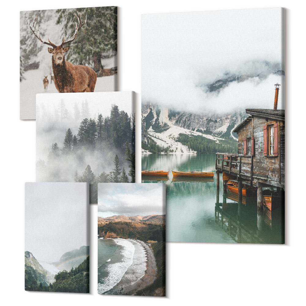 Zestaw obrazów pentaptyk na ścianę Naturą i dziką przyrodą w górskich pejzażach