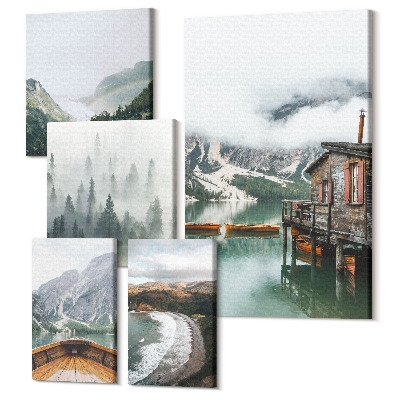 Zestaw obrazów na płótnie pentaptyk Górskie pejzaże z domkami nad wodą i lasami