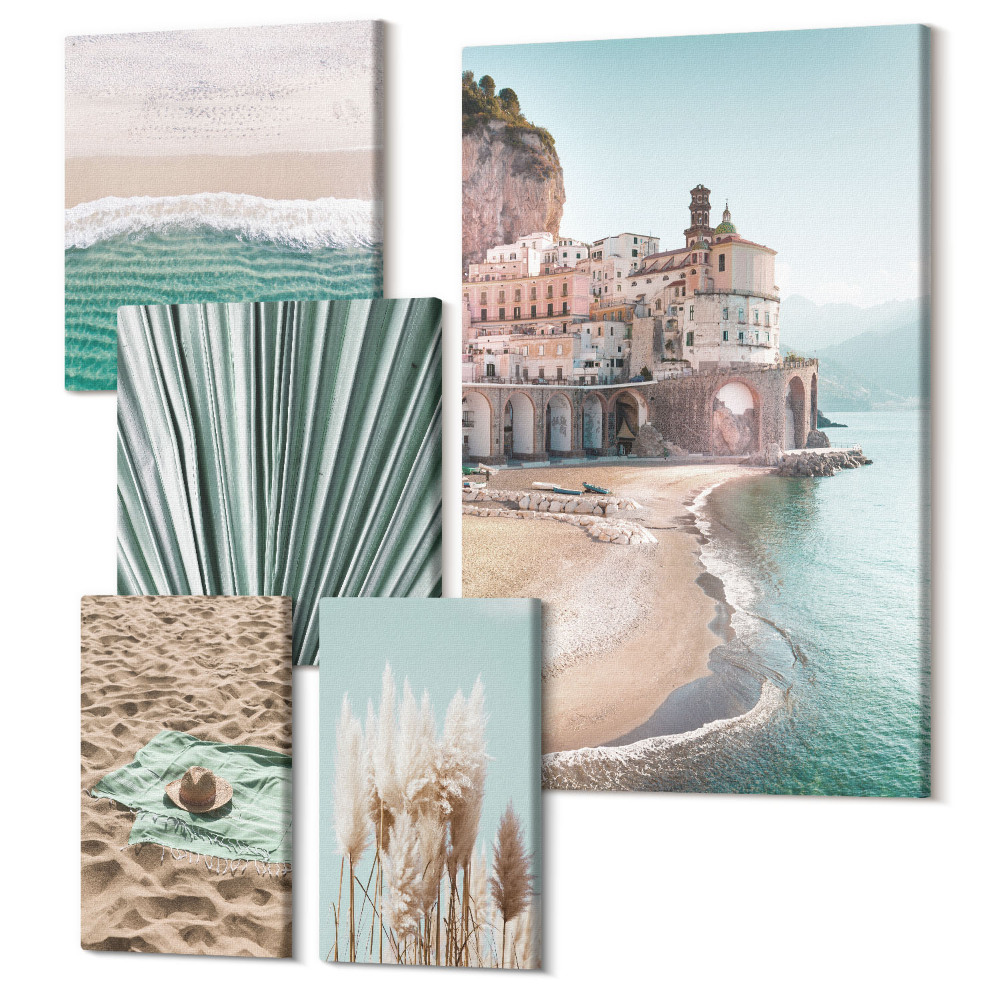 Zestaw obrazów pentaptyk na ścianę Stylowe widoki nadmorskie z plażami i roślinnością