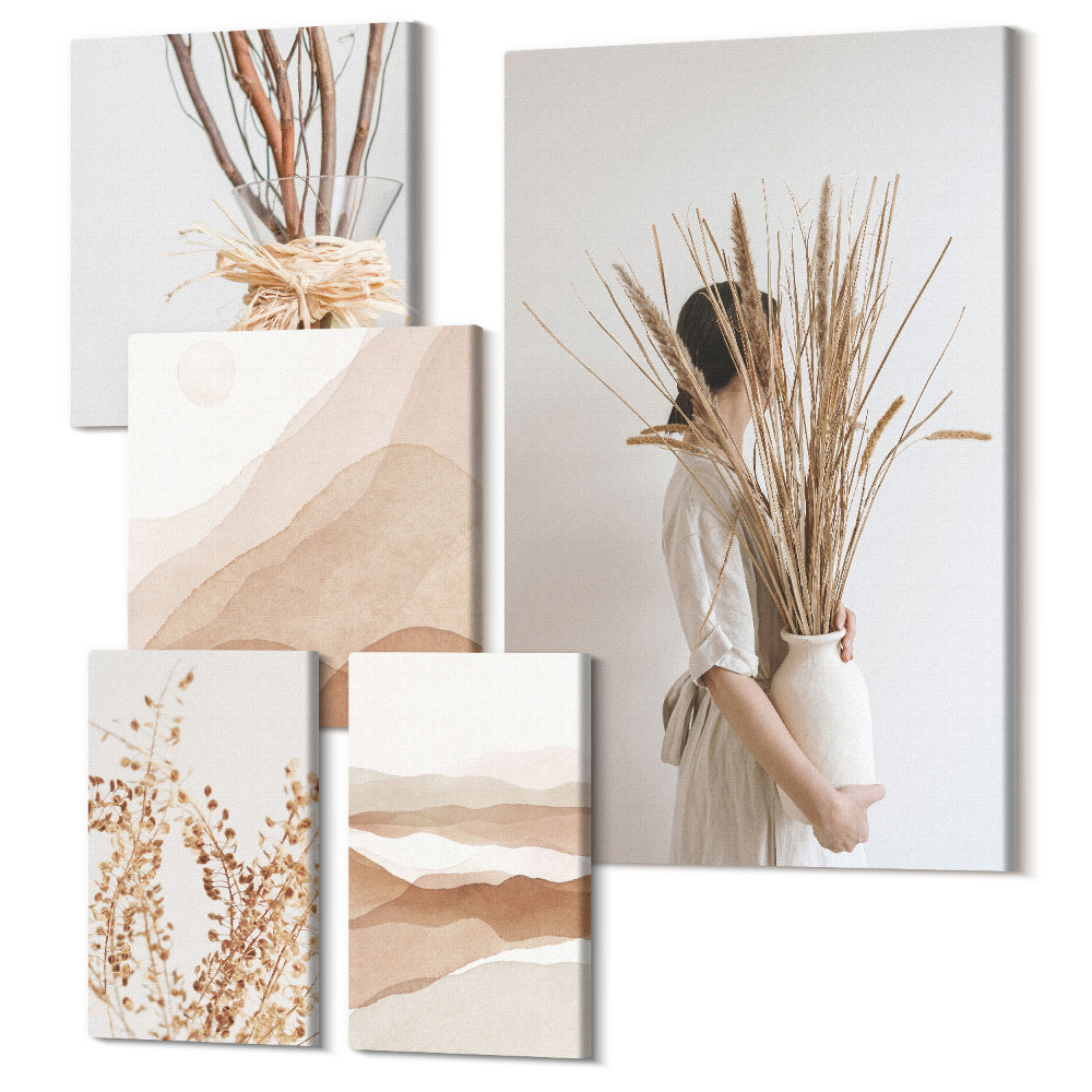 Zestaw obrazów 5 części pentaptyk Stylowe akcenty boho z roślinami i abstrakcyjnymi krajobrazami