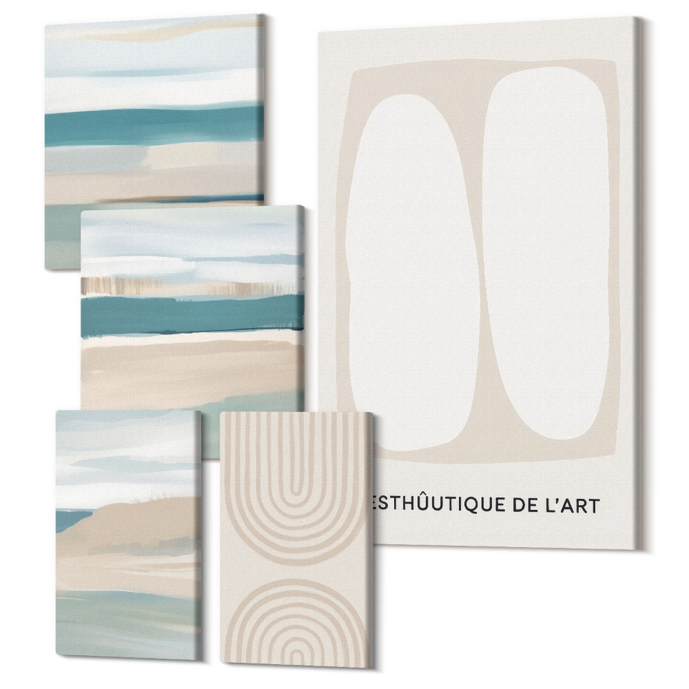 Zestaw obrazów na płótnie pentaptyk Abstrakcyjne kompozycje w odcieniach natury i geometrii