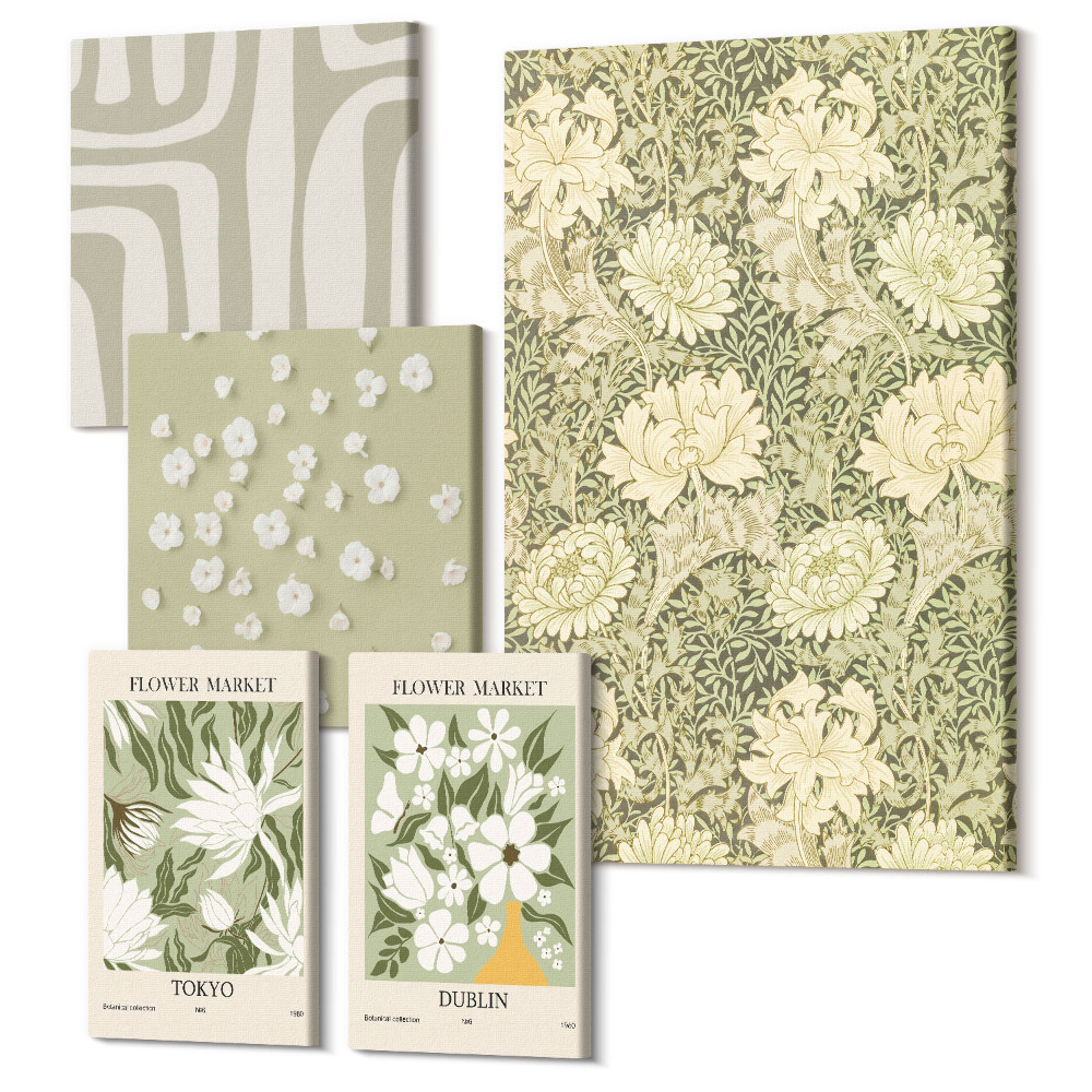 Zestaw obrazów 5 części pentaptyk Roślinne motywy w stylu boho z kwiatowymi akcentami