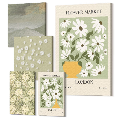 Zestaw obrazów pentaptyk na ścianę Kwiatowe motywy na tle miejskich rynków i pejzaży