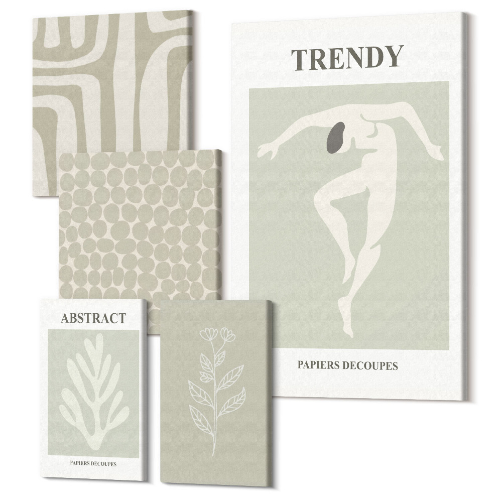 Zestaw obrazów 5 części pentaptyk Stylowe grafiki w odcieniach zieleni z abstrakcyjnymi motywami