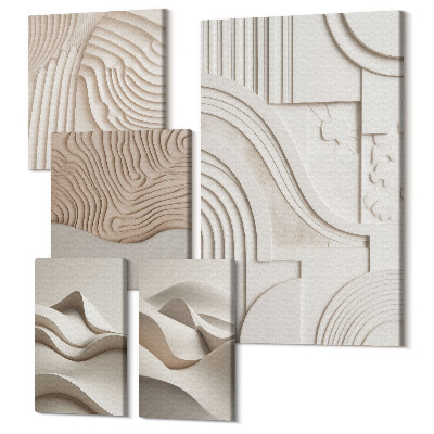 Zestaw obrazów na płótnie pentaptyk Abstrakcyjne formy strukturalne w odcieniach beżu i bieli