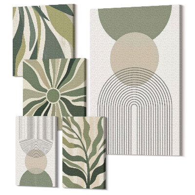 Zestaw obrazów pentaptyk na ścianę Stylowe abstrakcje w odcieniach zieleni i beżu