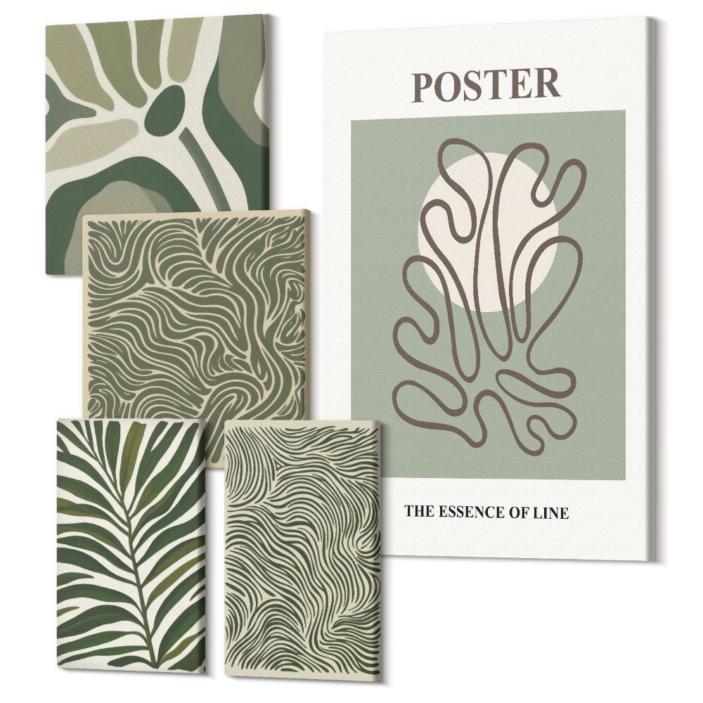 Zestaw obrazów pentaptyk na ścianę Abstrakcyjne formy i motywy roślinne w stylu boho