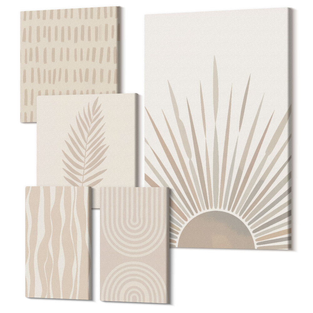 Zestaw obrazów na płótnie pentaptyk Stylowe dekoracje w odcieniach natury i geometryczne wzory