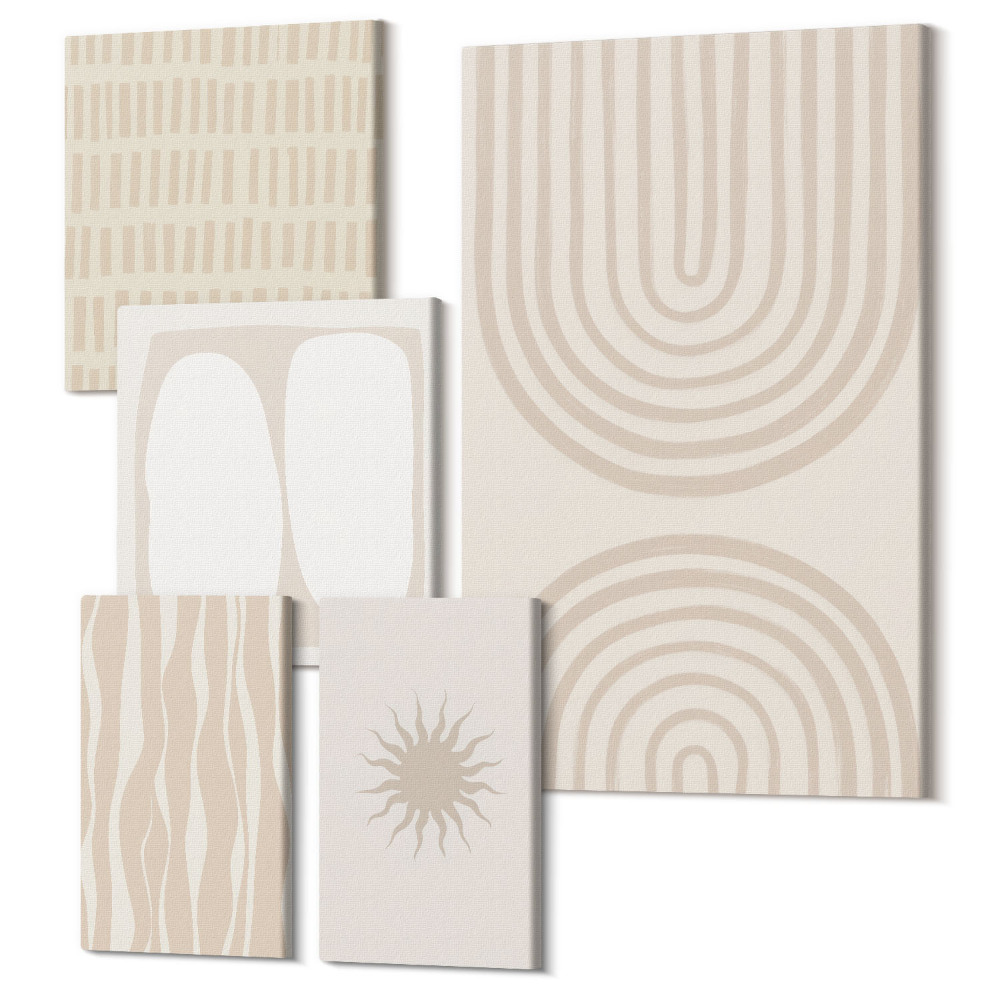 Zestaw obrazów na płótnie pentaptyk Stylowe abstrakcyjne formy w odcieniach natury