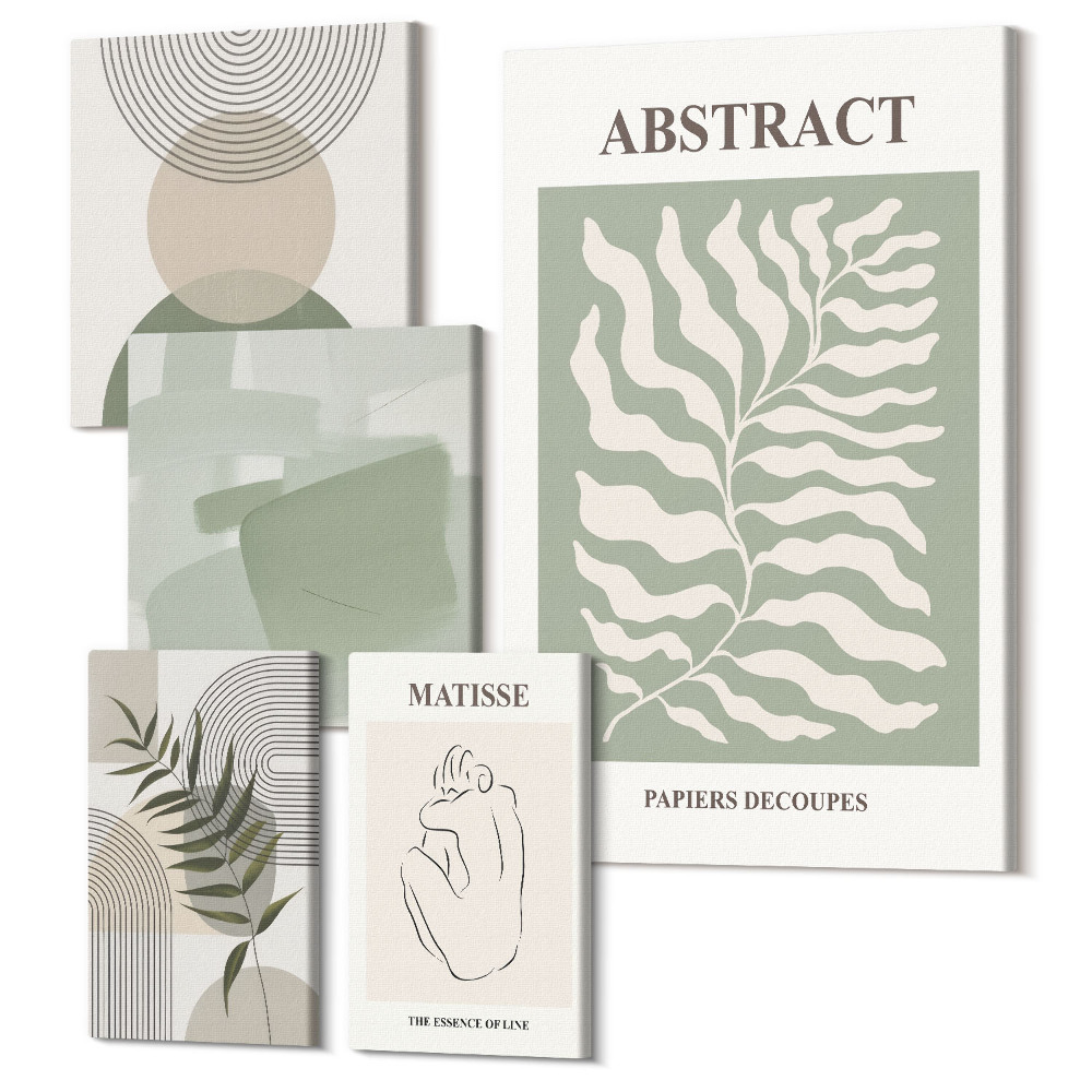 Zestaw obrazów 5 części pentaptyk Stylowe abstrakcyjne kompozycje z roślinnymi motywami