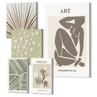 Zestaw obrazów 5 części pentaptyk Stylowe grafiki z roślinnymi motywami i abstrakcją