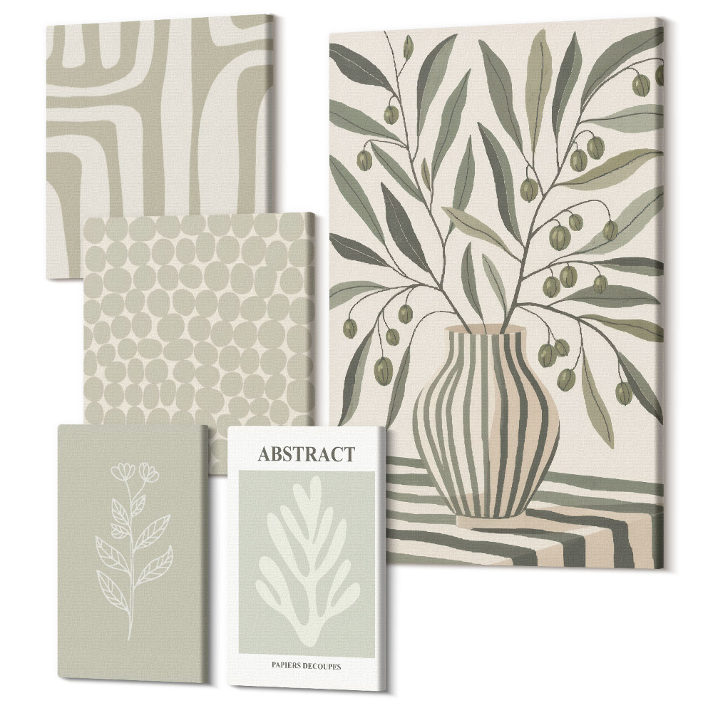 Zestaw obrazów na płótnie pentaptyk Roślinne motywy w stylu skandynawskim z delikatnymi wzorami