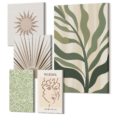 Zestaw obrazów 5 części pentaptyk Stylowe grafiki z roślinnymi motywami i abstrakcyjnymi wzorami