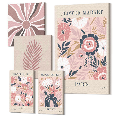 Zestaw obrazów na płótnie pentaptyk Kwiatowe rynki z miast światowych styl boho
