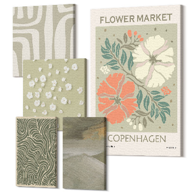 Zestaw obrazów pentaptyk na ścianę Roślinne motywy i abstrakcyjne wzory w stylu boho