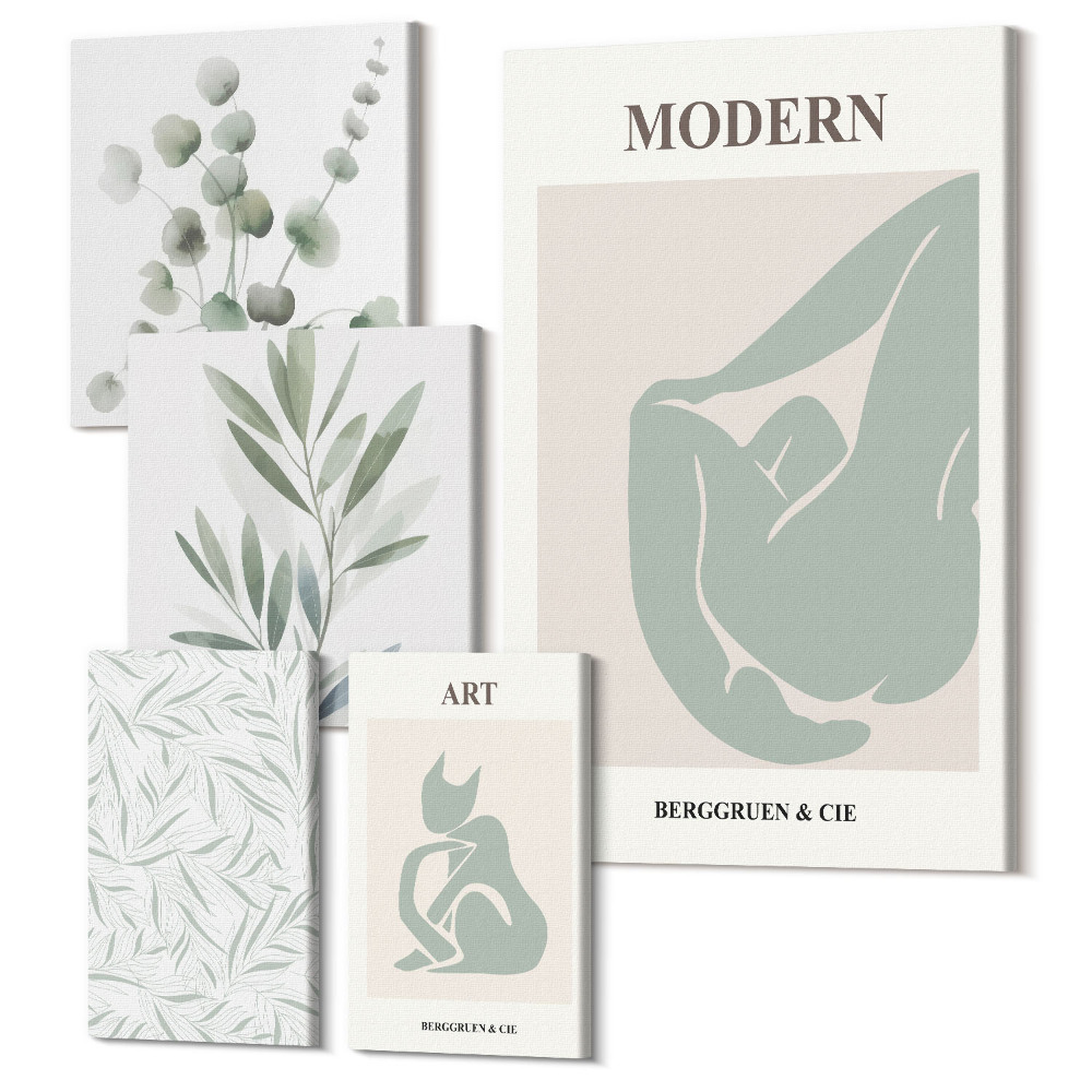 Zestaw obrazów 5 części pentaptyk Stylowe grafiki z roślinnymi motywami i abstrakcyjnymi kształtami