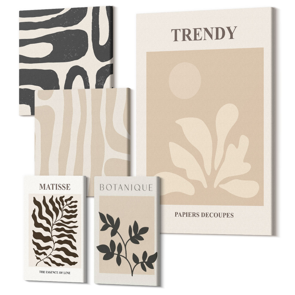 Zestaw obrazów 5 części pentaptyk Stylowe motywy roślinne i geometryczne formy dekoracyjne