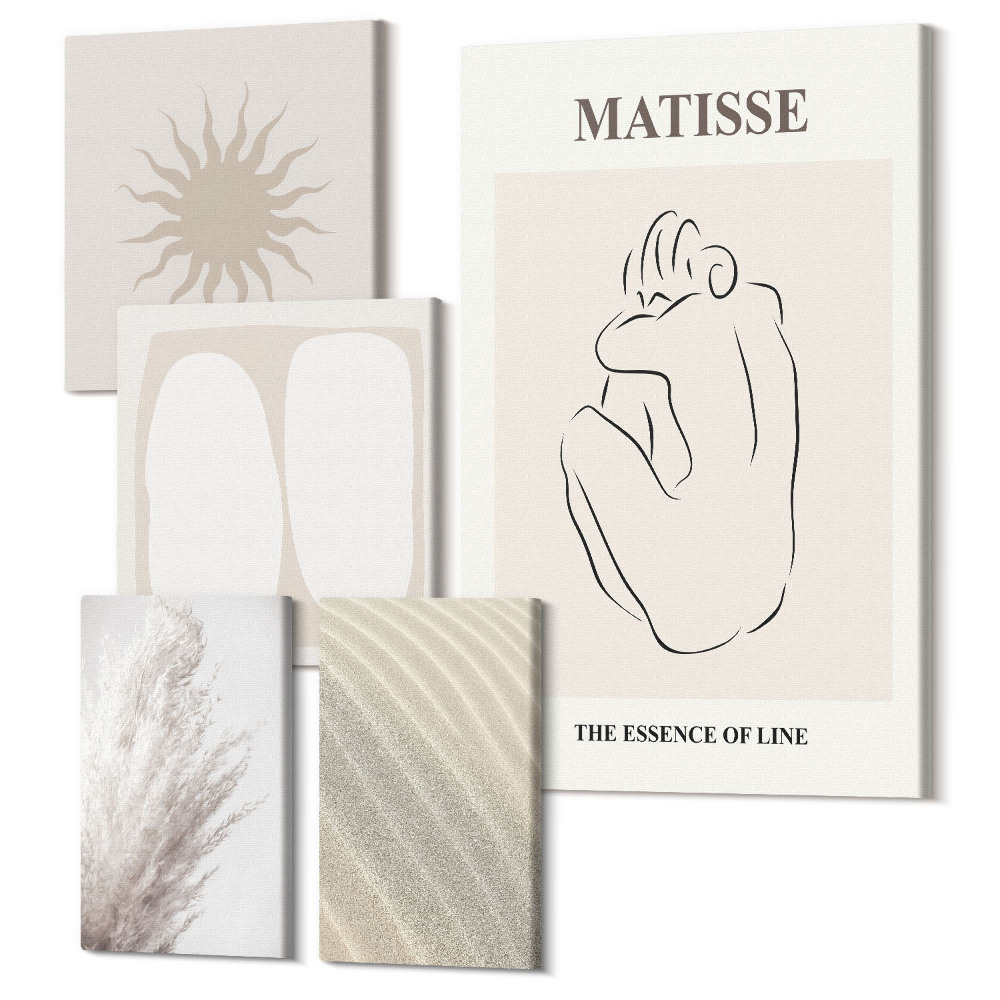 Zestaw obrazów pentaptyk na ścianę Styl boho minimalistyczne formy i naturalne motywy