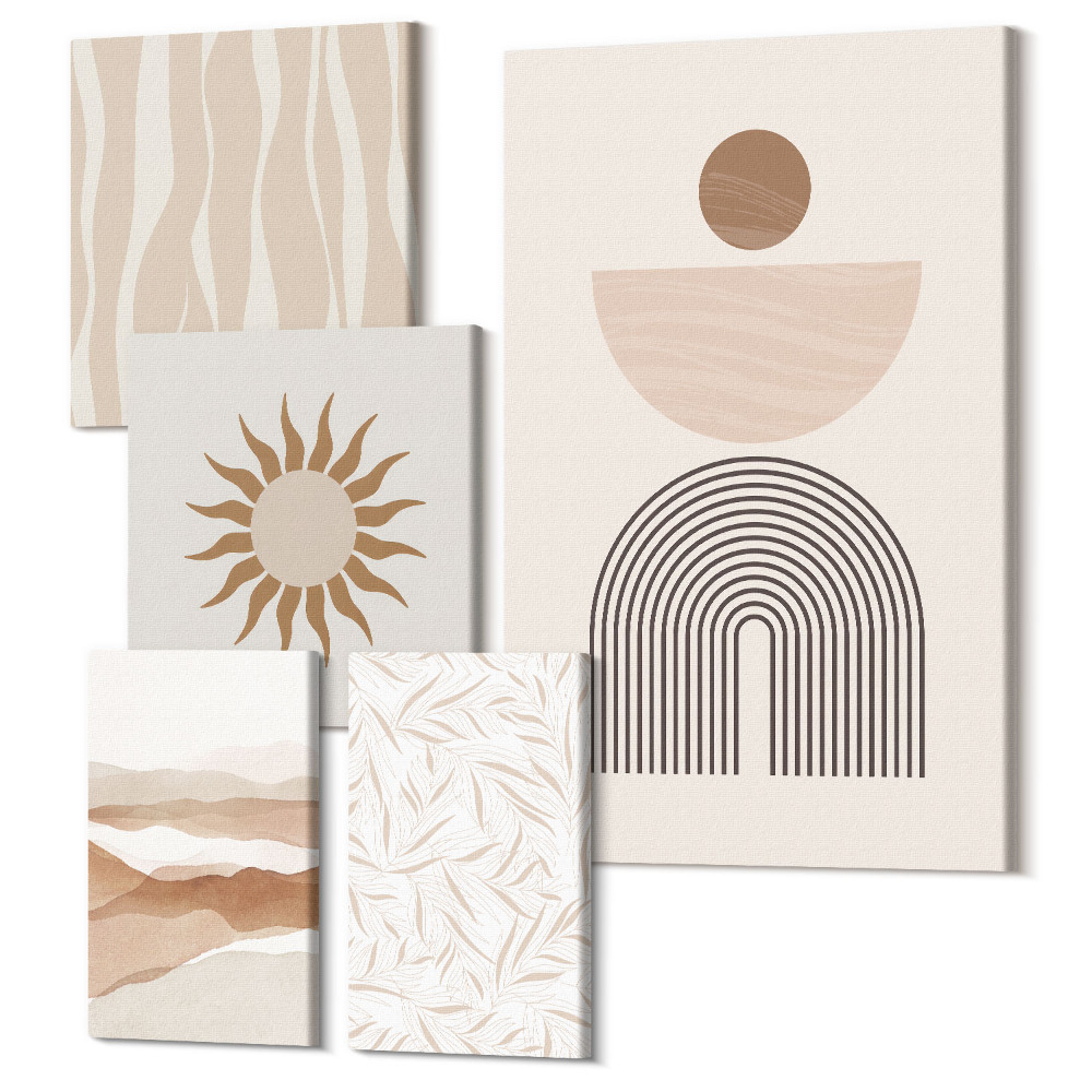 Zestaw obrazów 5 części pentaptyk Stylowe abstrakcyjne formy w odcieniach natury