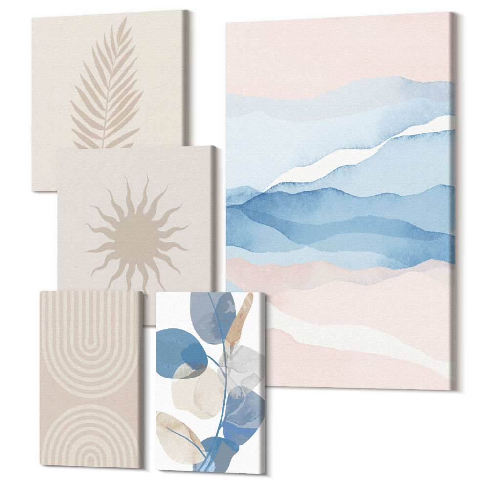 Zestaw obrazów pentaptyk na ścianę Abstrakcyjne kompozycje z roślinnymi motywami i falami