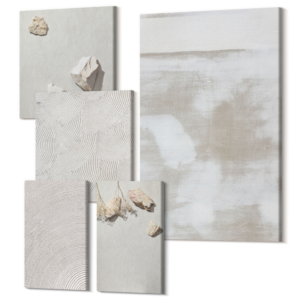 Zestaw obrazów na płótnie pentaptyk Piasek kamienie i wytarta tekstura boho styl
