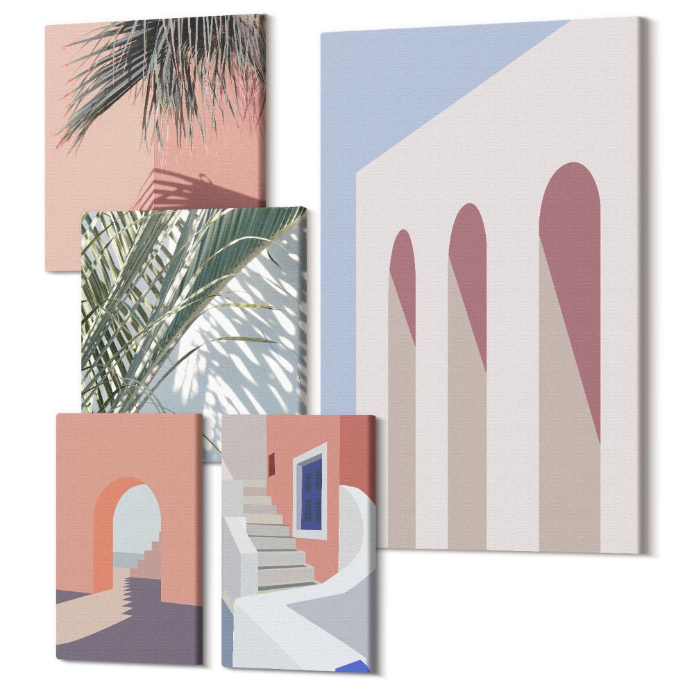 Zestaw obrazów 5 części pentaptyk Ilustracje architektury miejskiej styl minimalistyczny