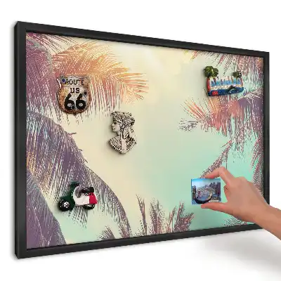 Tablica magnetyczna w czarnej ramie z motywem tropikalnych palm w słońcu