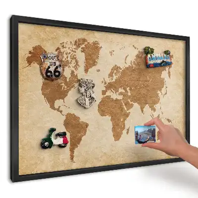 Brązowa stylowa mapa świata tablica magnetyczna do kuchni