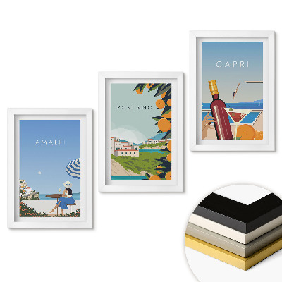 Zestaw 3 obrazów w ramie Włoskie wakacje: Amalfi, Positano, Capri